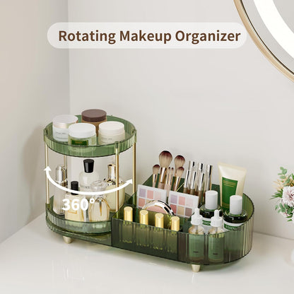 Makeup Organizer Countertop for Vanity, Rotating Perfume Tray with 5-compartment Cosmetic and Skincare Organizers, Multi-Purpose Desk Storage Makeup Brush Holder for Bathroom Bedroom Counter