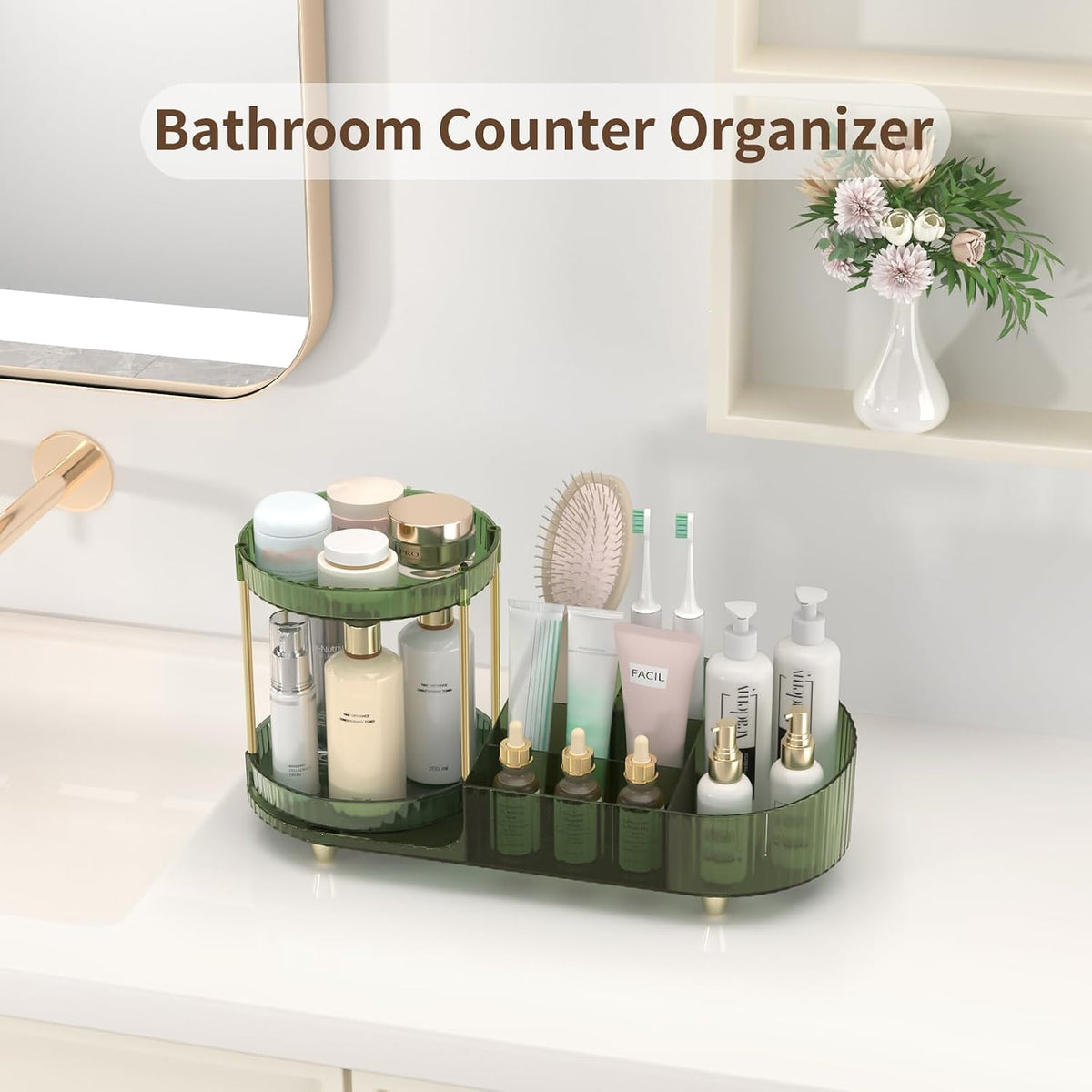 Makeup Organizer Countertop for Vanity, Rotating Perfume Tray with 5-compartment Cosmetic and Skincare Organizers, Multi-Purpose Desk Storage Makeup Brush Holder for Bathroom Bedroom Counter