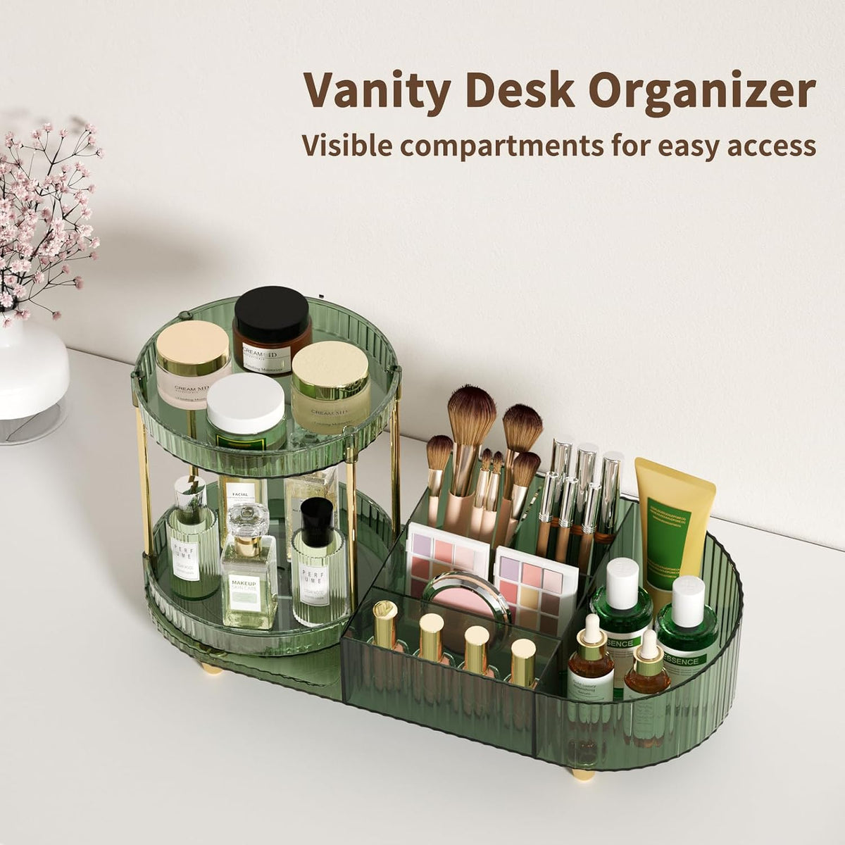 Makeup Organizer Countertop for Vanity, Rotating Perfume Tray with 5-compartment Cosmetic and Skincare Organizers, Multi-Purpose Desk Storage Makeup Brush Holder for Bathroom Bedroom Counter