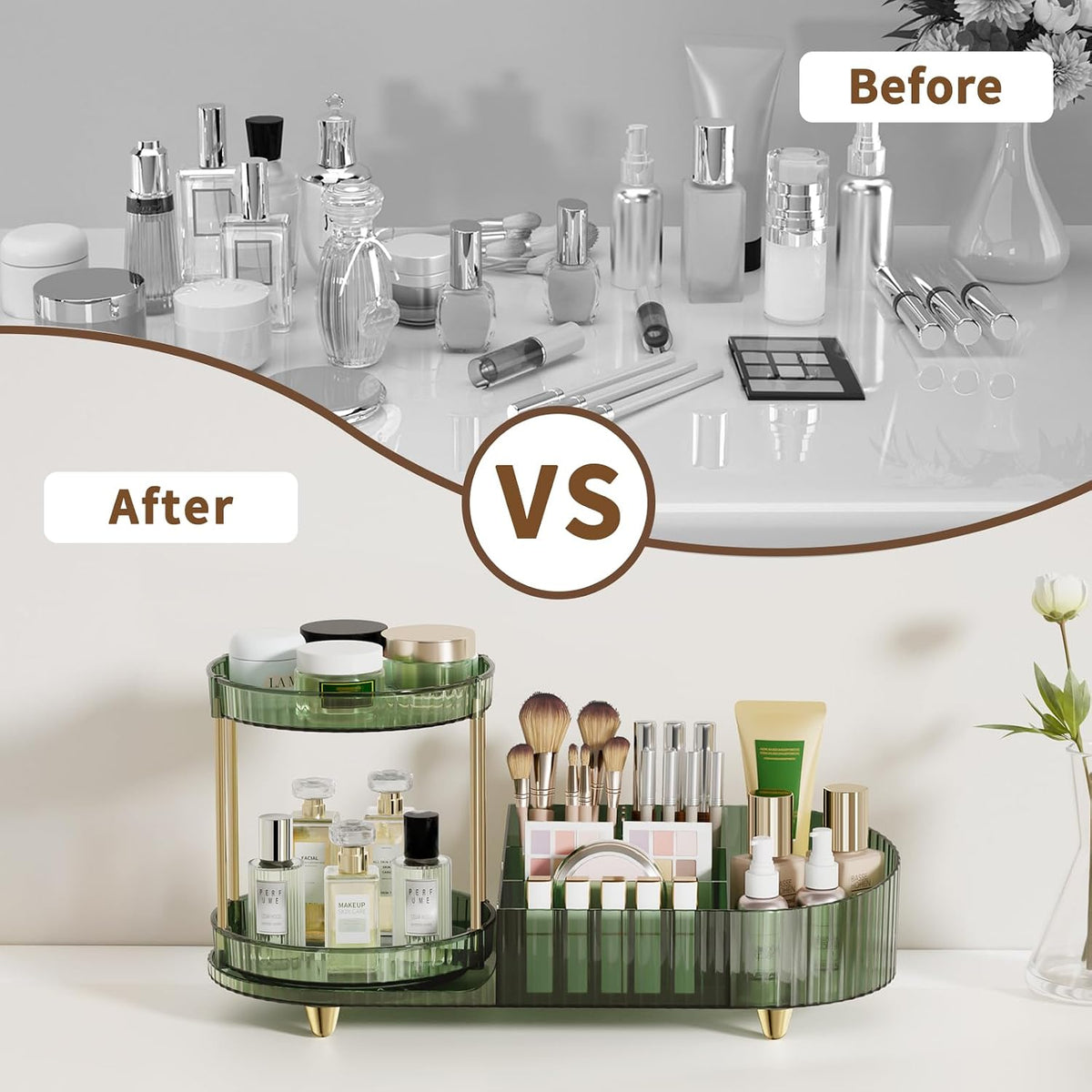 Makeup Organizer Countertop for Vanity, Rotating Perfume Tray with 5-compartment Cosmetic and Skincare Organizers, Multi-Purpose Desk Storage Makeup Brush Holder for Bathroom Bedroom Counter