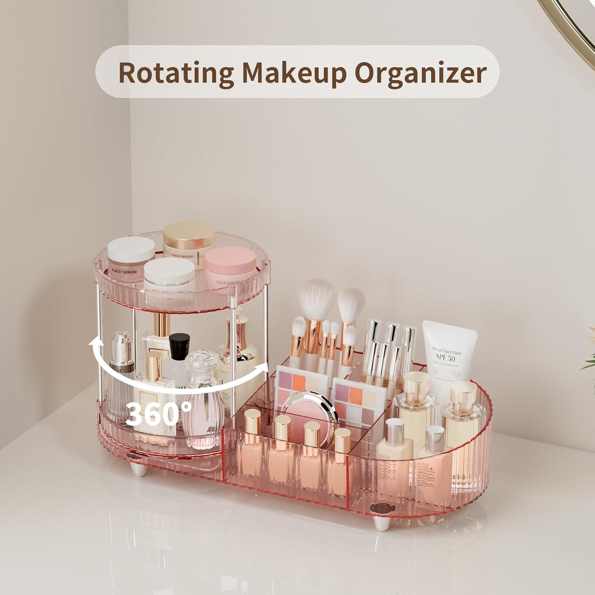 Makeup Organizer Countertop for Vanity, Rotating Perfume Tray with 5-compartment Cosmetic and Skincare Organizers, Multi-Purpose Desk Storage Makeup Brush Holder for Bathroom Bedroom Counter