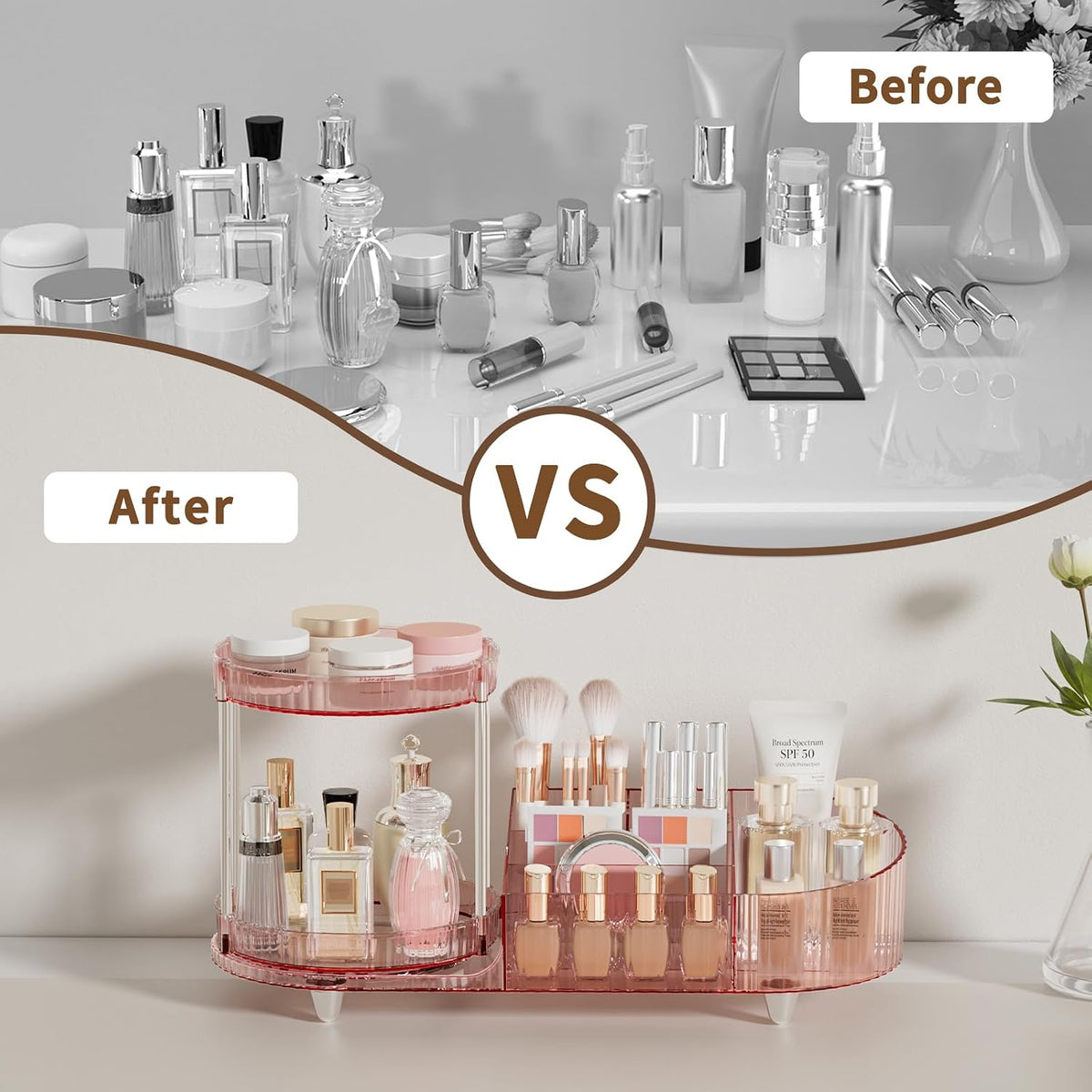 Makeup Organizer Countertop for Vanity, Rotating Perfume Tray with 5-compartment Cosmetic and Skincare Organizers, Multi-Purpose Desk Storage Makeup Brush Holder for Bathroom Bedroom Counter
