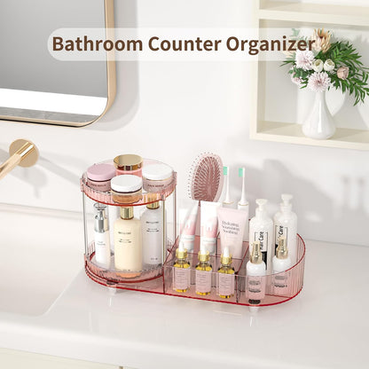 Makeup Organizer Countertop for Vanity, Rotating Perfume Tray with 5-compartment Cosmetic and Skincare Organizers, Multi-Purpose Desk Storage Makeup Brush Holder for Bathroom Bedroom Counter