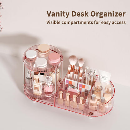 Makeup Organizer Countertop for Vanity, Rotating Perfume Tray with 5-compartment Cosmetic and Skincare Organizers, Multi-Purpose Desk Storage Makeup Brush Holder for Bathroom Bedroom Counter