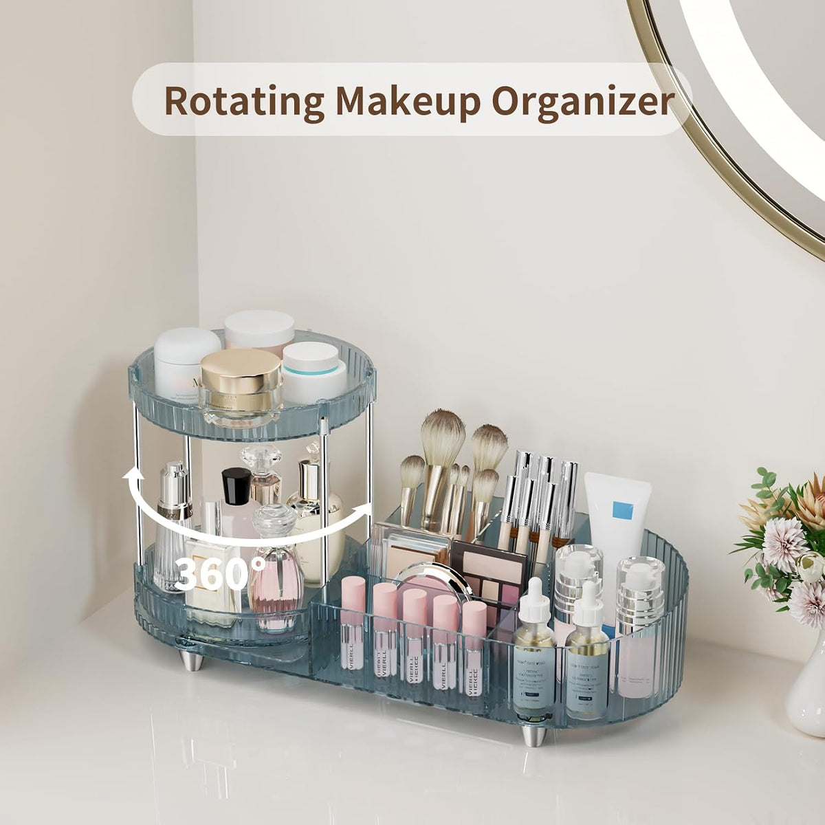 Makeup Organizer Countertop for Vanity, Rotating Perfume Tray with 5-compartment Cosmetic and Skincare Organizers, Multi-Purpose Desk Storage Makeup Brush Holder for Bathroom Bedroom Counter
