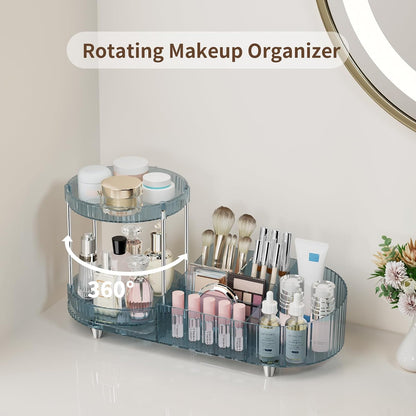 Makeup Organizer Countertop for Vanity, Rotating Perfume Tray with 5-compartment Cosmetic and Skincare Organizers, Multi-Purpose Desk Storage Makeup Brush Holder for Bathroom Bedroom Counter