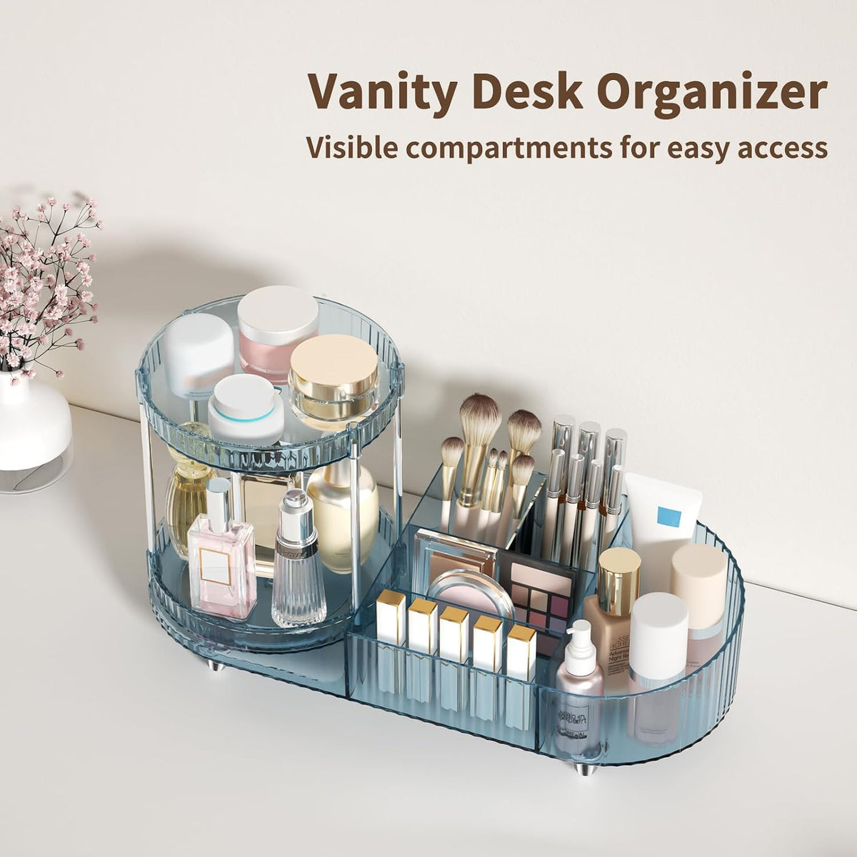 Makeup Organizer Countertop for Vanity, Rotating Perfume Tray with 5-compartment Cosmetic and Skincare Organizers, Multi-Purpose Desk Storage Makeup Brush Holder for Bathroom Bedroom Counter