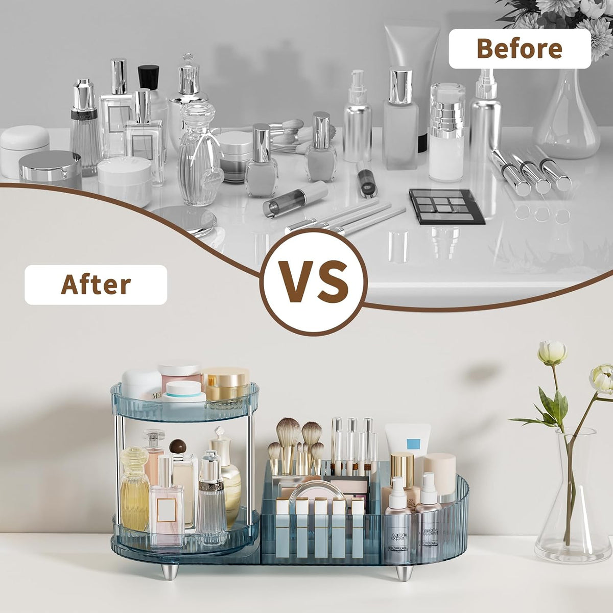Makeup Organizer Countertop for Vanity, Rotating Perfume Tray with 5-compartment Cosmetic and Skincare Organizers, Multi-Purpose Desk Storage Makeup Brush Holder for Bathroom Bedroom Counter