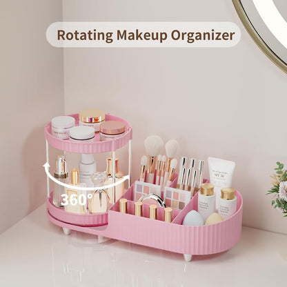 Makeup Organizer Countertop for Vanity, Rotating Perfume Tray with 5-compartment Cosmetic and Skincare Organizers, Multi-Purpose Desk Storage Makeup Brush Holder for Bathroom Bedroom Counter