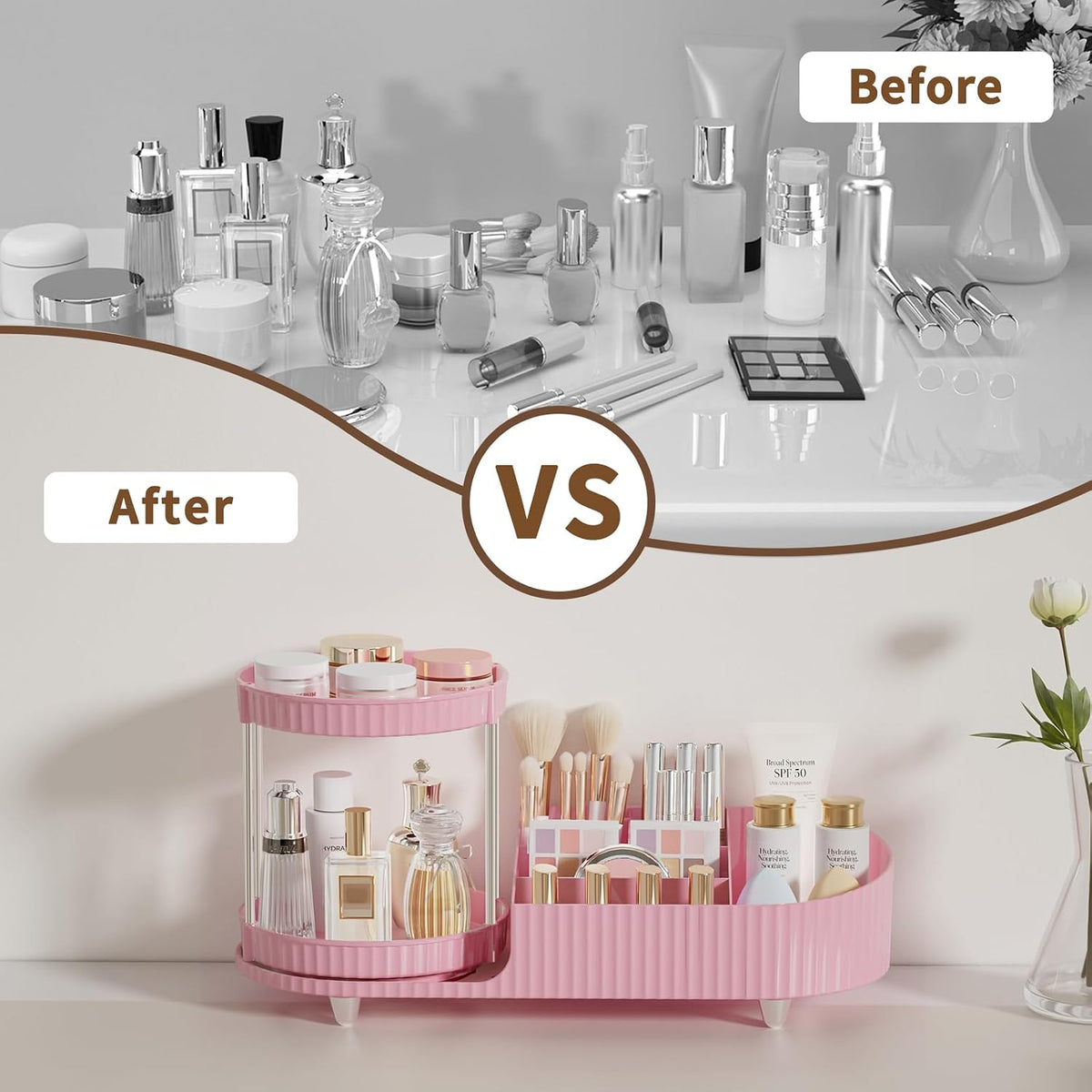 Makeup Organizer Countertop for Vanity, Rotating Perfume Tray with 5-compartment Cosmetic and Skincare Organizers, Multi-Purpose Desk Storage Makeup Brush Holder for Bathroom Bedroom Counter