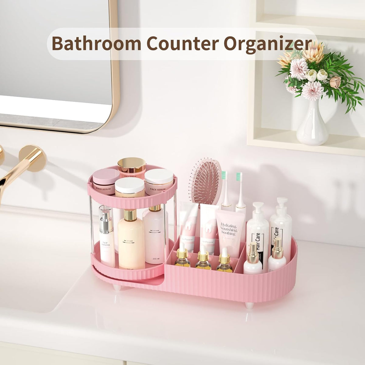 Makeup Organizer Countertop for Vanity, Rotating Perfume Tray with 5-compartment Cosmetic and Skincare Organizers, Multi-Purpose Desk Storage Makeup Brush Holder for Bathroom Bedroom Counter