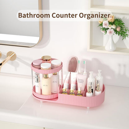 Makeup Organizer Countertop for Vanity, Rotating Perfume Tray with 5-compartment Cosmetic and Skincare Organizers, Multi-Purpose Desk Storage Makeup Brush Holder for Bathroom Bedroom Counter