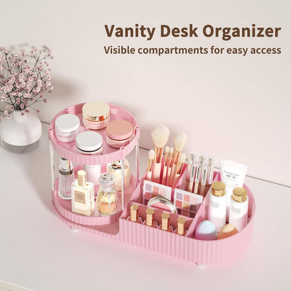 Makeup Organizer Countertop for Vanity, Rotating Perfume Tray with 5-compartment Cosmetic and Skincare Organizers, Multi-Purpose Desk Storage Makeup Brush Holder for Bathroom Bedroom Counter
