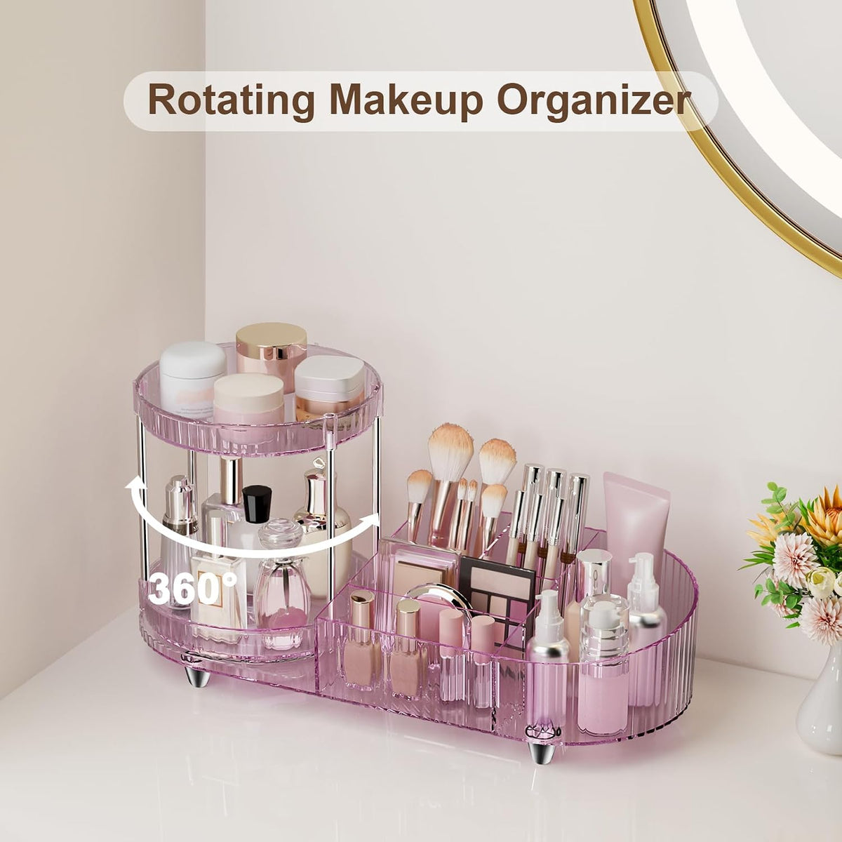 Makeup Organizer Countertop for Vanity, Rotating Perfume Tray with 5-compartment Cosmetic and Skincare Organizers, Multi-Purpose Desk Storage Makeup Brush Holder for Bathroom Bedroom Counter