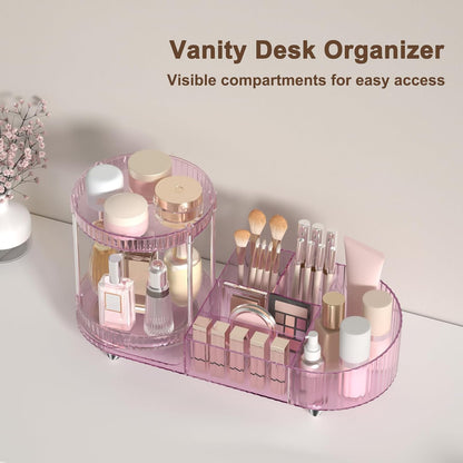 Makeup Organizer Countertop for Vanity, Rotating Perfume Tray with 5-compartment Cosmetic and Skincare Organizers, Multi-Purpose Desk Storage Makeup Brush Holder for Bathroom Bedroom Counter