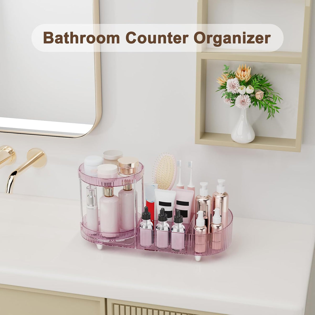 Makeup Organizer Countertop for Vanity, Rotating Perfume Tray with 5-compartment Cosmetic and Skincare Organizers, Multi-Purpose Desk Storage Makeup Brush Holder for Bathroom Bedroom Counter