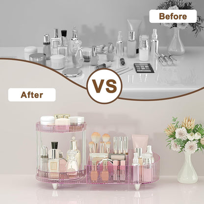 Makeup Organizer Countertop for Vanity, Rotating Perfume Tray with 5-compartment Cosmetic and Skincare Organizers, Multi-Purpose Desk Storage Makeup Brush Holder for Bathroom Bedroom Counter