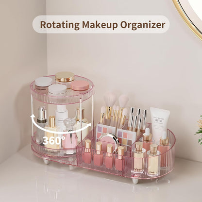 Makeup Organizer Countertop for Vanity, Rotating Perfume Tray with 5-compartment Cosmetic and Skincare Organizers, Multi-Purpose Desk Storage Makeup Brush Holder for Bathroom Bedroom Counter