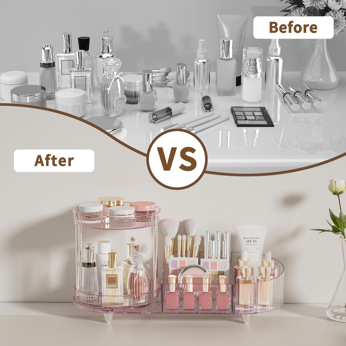 Makeup Organizer Countertop for Vanity, Rotating Perfume Tray with 5-compartment Cosmetic and Skincare Organizers, Multi-Purpose Desk Storage Makeup Brush Holder for Bathroom Bedroom Counter