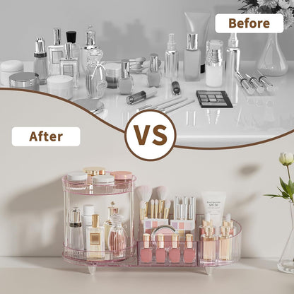 Makeup Organizer Countertop for Vanity, Rotating Perfume Tray with 5-compartment Cosmetic and Skincare Organizers, Multi-Purpose Desk Storage Makeup Brush Holder for Bathroom Bedroom Counter
