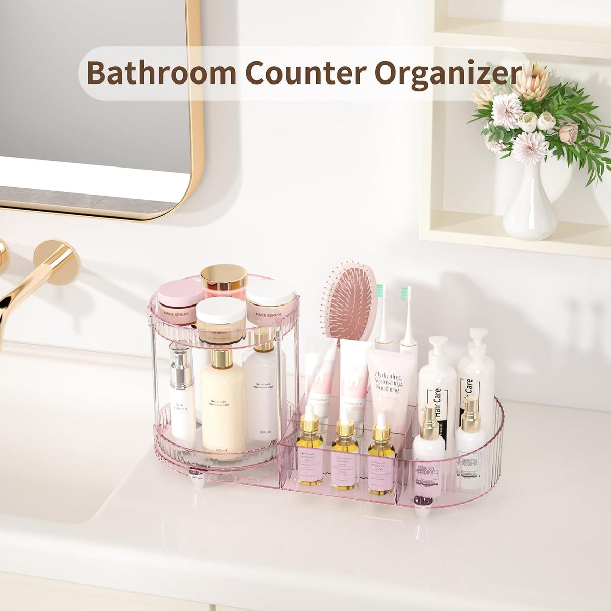 Makeup Organizer Countertop for Vanity, Rotating Perfume Tray with 5-compartment Cosmetic and Skincare Organizers, Multi-Purpose Desk Storage Makeup Brush Holder for Bathroom Bedroom Counter