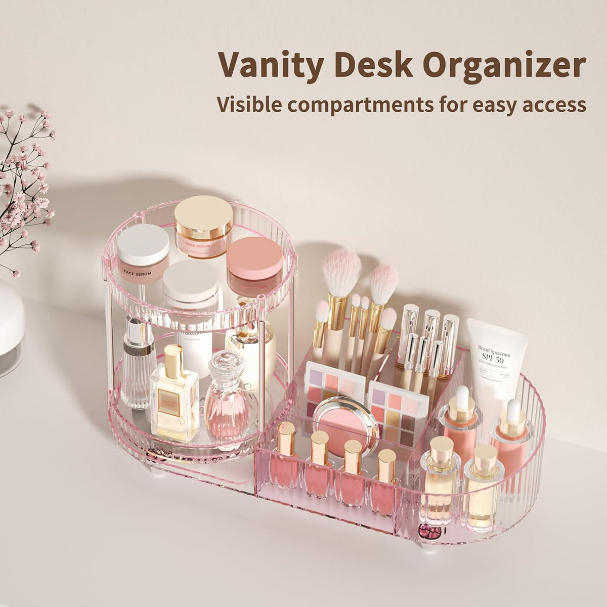 Makeup Organizer Countertop for Vanity, Rotating Perfume Tray with 5-compartment Cosmetic and Skincare Organizers, Multi-Purpose Desk Storage Makeup Brush Holder for Bathroom Bedroom Counter