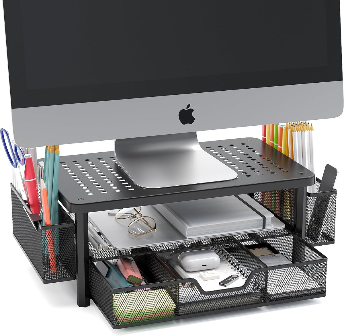 FlowMax Ergonomic Desk organizer Computer Monitor Stand -Improved XL Desk Drawer, File Paper Pencil Holders - Pro Posture Eye-Level Tension Relief - Anti-Slip Home Office Supplies Storage Stand for Laptop Monitor or Printer