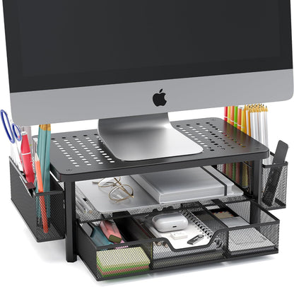 FlowMax Ergonomic Desk organizer Computer Monitor Stand -Improved XL Desk Drawer, File Paper Pencil Holders - Pro Posture Eye-Level Tension Relief - Anti-Slip Home Office Supplies Storage Stand for Laptop Monitor or Printer