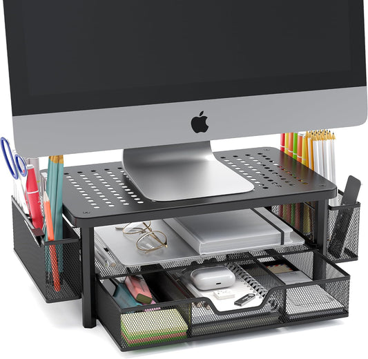 FlowMax Ergonomic Desk organizer Computer Monitor Stand -Improved XL Desk Drawer, File Paper Pencil Holders - Pro Posture Eye-Level Tension Relief - Anti-Slip Home Office Supplies Storage Stand for Laptop Monitor or Printer
