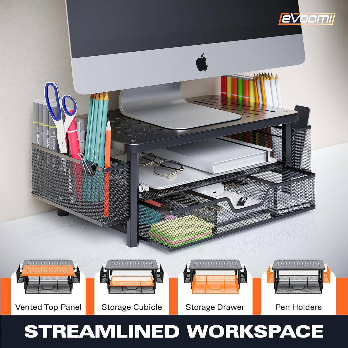 FlowMax Ergonomic Desk organizer Computer Monitor Stand -Improved XL Desk Drawer, File Paper Pencil Holders - Pro Posture Eye-Level Tension Relief - Anti-Slip Home Office Supplies Storage Stand for Laptop Monitor or Printer