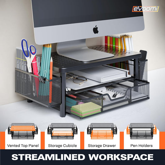 FlowMax Ergonomic Desk organizer Computer Monitor Stand -Improved XL Desk Drawer, File Paper Pencil Holders - Pro Posture Eye-Level Tension Relief - Anti-Slip Home Office Supplies Storage Stand for Laptop Monitor or Printer