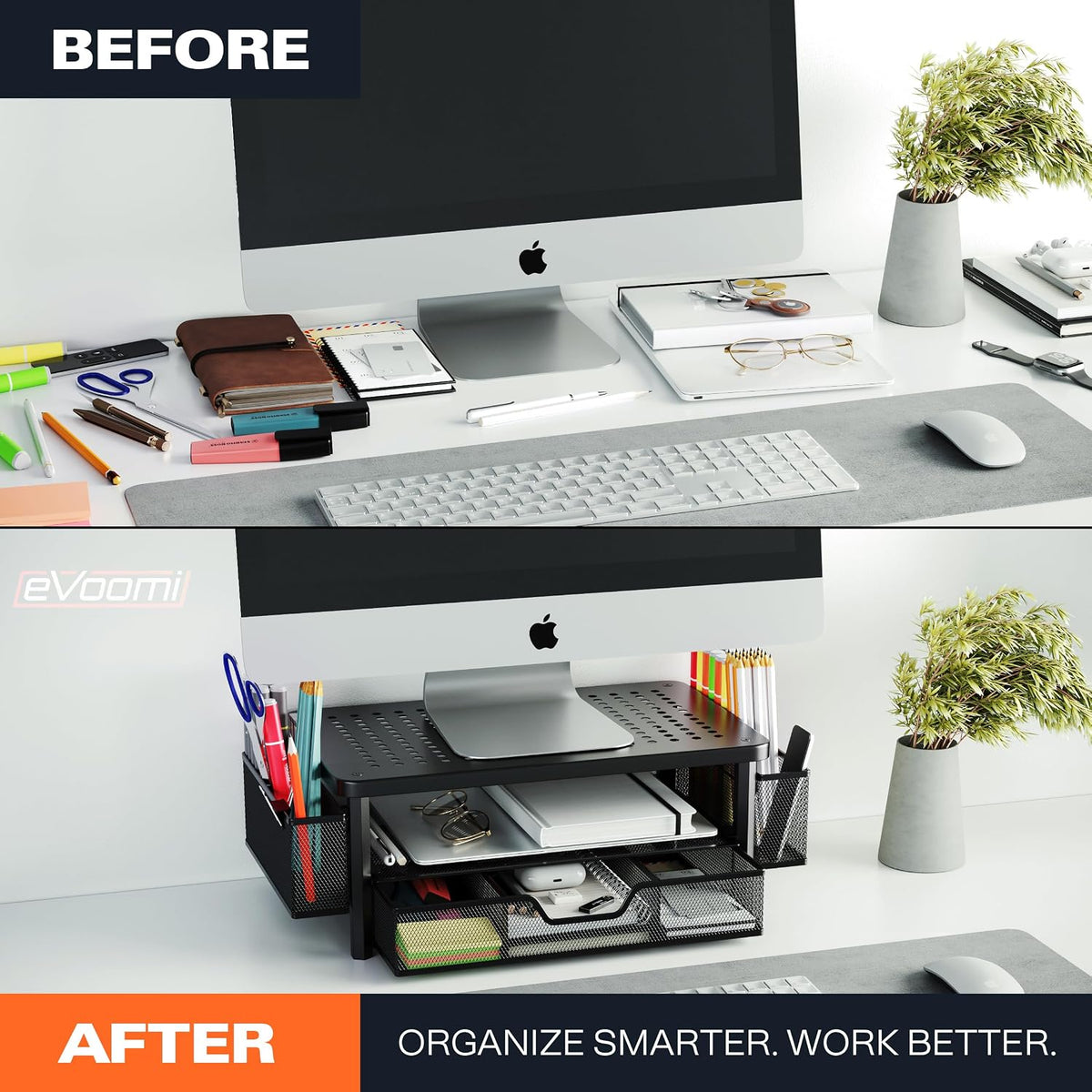 FlowMax Ergonomic Desk organizer Computer Monitor Stand -Improved XL Desk Drawer, File Paper Pencil Holders - Pro Posture Eye-Level Tension Relief - Anti-Slip Home Office Supplies Storage Stand for Laptop Monitor or Printer