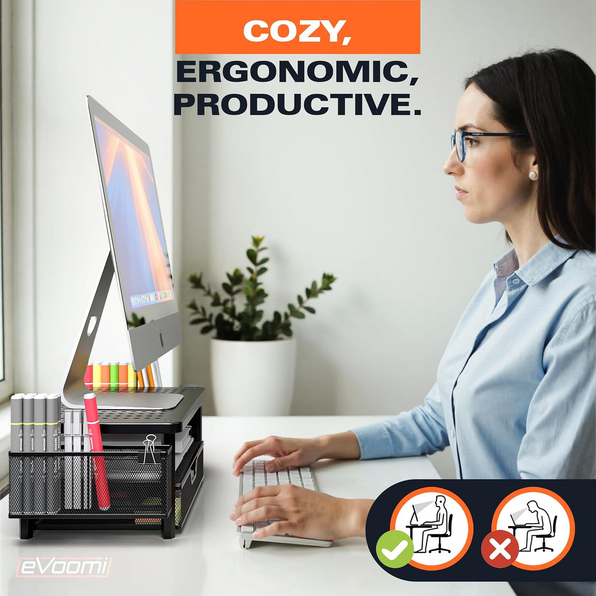 FlowMax Ergonomic Desk organizer Computer Monitor Stand -Improved XL Desk Drawer, File Paper Pencil Holders - Pro Posture Eye-Level Tension Relief - Anti-Slip Home Office Supplies Storage Stand for Laptop Monitor or Printer