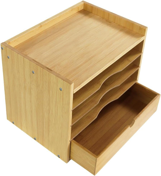 5-Tier Bamboo Desk Organizer with Drawer Tabletop File Organizer Document Holder with Shelf Desktop Cabinet for Home Office School Supplies (Natural)