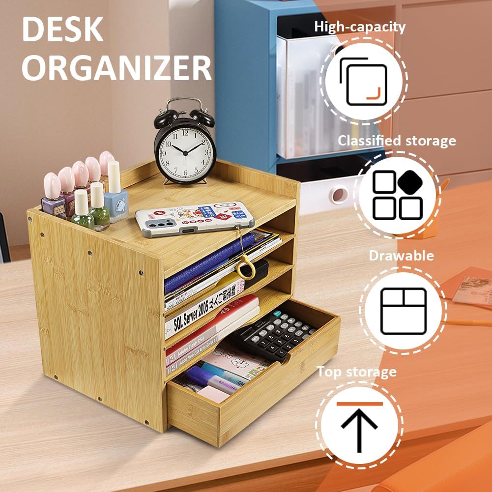 5-Tier Bamboo Desk Organizer with Drawer Tabletop File Organizer Document Holder with Shelf Desktop Cabinet for Home Office School Supplies (Natural)