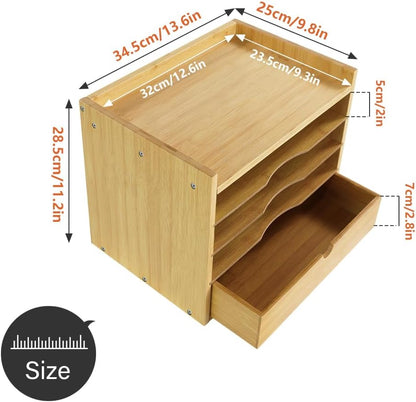 5-Tier Bamboo Desk Organizer with Drawer Tabletop File Organizer Document Holder with Shelf Desktop Cabinet for Home Office School Supplies (Natural)