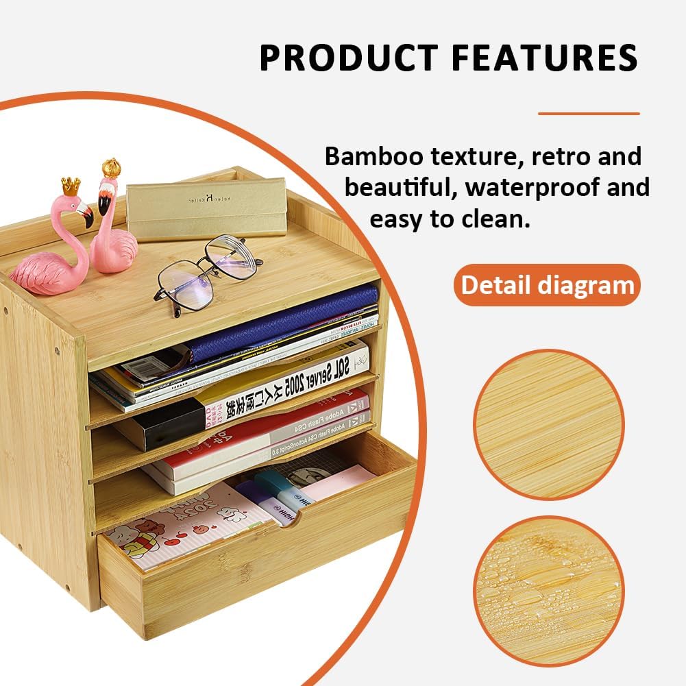 5-Tier Bamboo Desk Organizer with Drawer Tabletop File Organizer Document Holder with Shelf Desktop Cabinet for Home Office School Supplies (Natural)