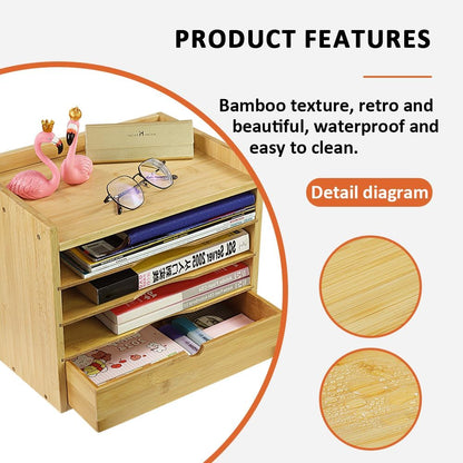 5-Tier Bamboo Desk Organizer with Drawer Tabletop File Organizer Document Holder with Shelf Desktop Cabinet for Home Office School Supplies (Natural)