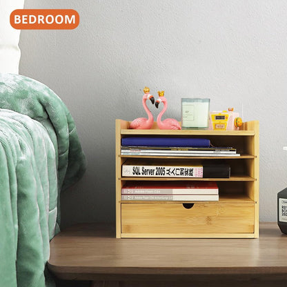 5-Tier Bamboo Desk Organizer with Drawer Tabletop File Organizer Document Holder with Shelf Desktop Cabinet for Home Office School Supplies (Natural)