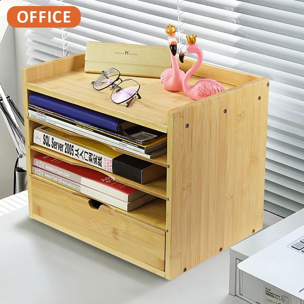 5-Tier Bamboo Desk Organizer with Drawer Tabletop File Organizer Document Holder with Shelf Desktop Cabinet for Home Office School Supplies (Natural)
