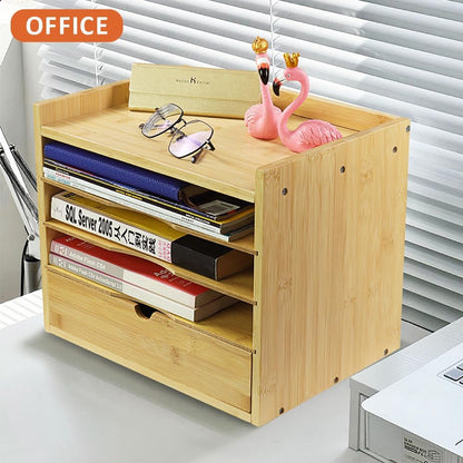 5-Tier Bamboo Desk Organizer with Drawer Tabletop File Organizer Document Holder with Shelf Desktop Cabinet for Home Office School Supplies (Natural)