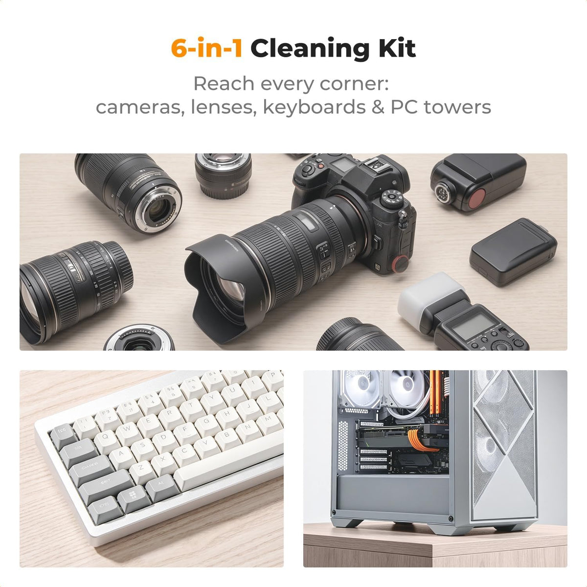 6-in-1 Keyboard Cleaning Brush Kit for Camera, Lens, PC,Black