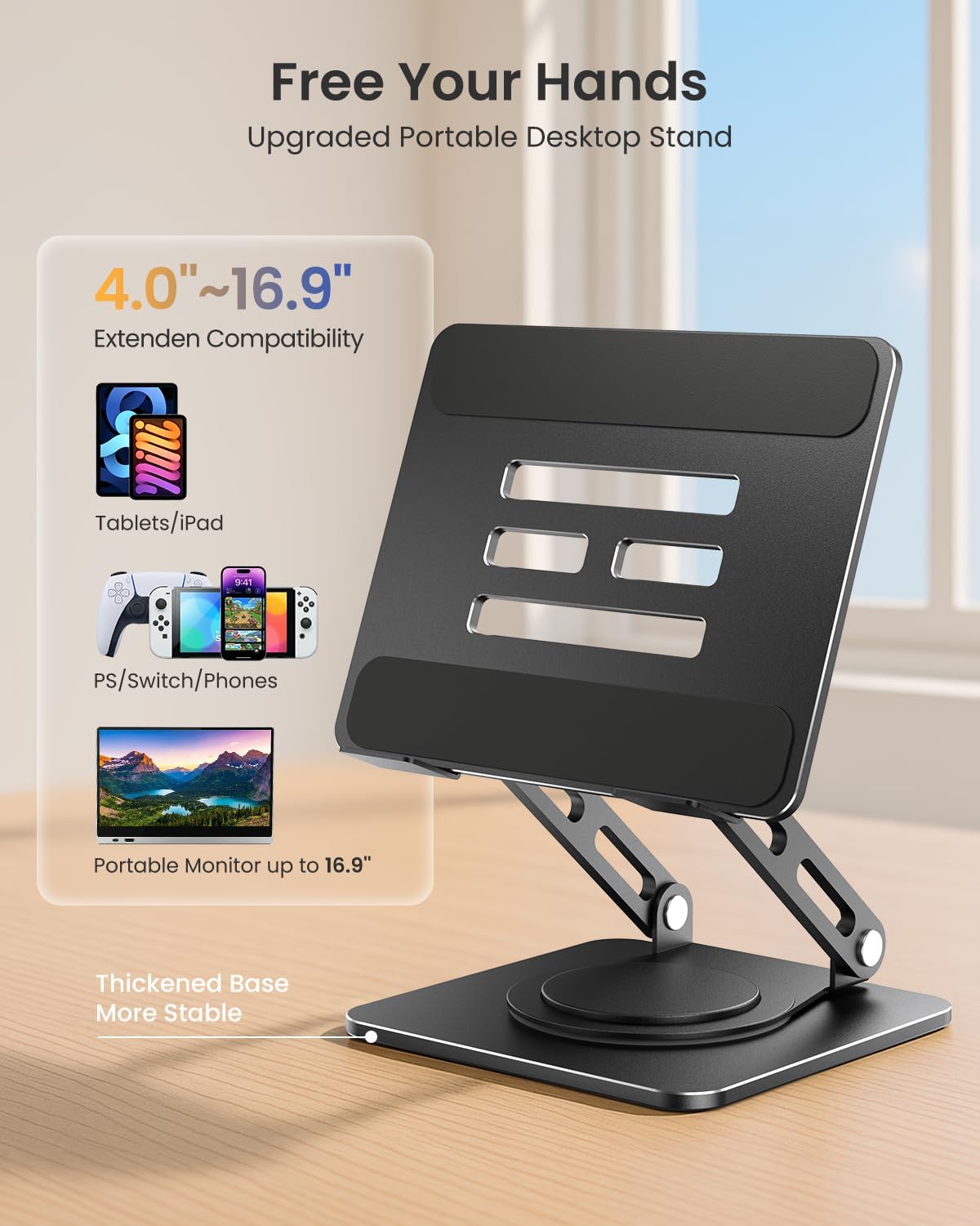 Adjustable Tablet Stand, 360 Rotating iPad Stand with Heavy-Duty Base