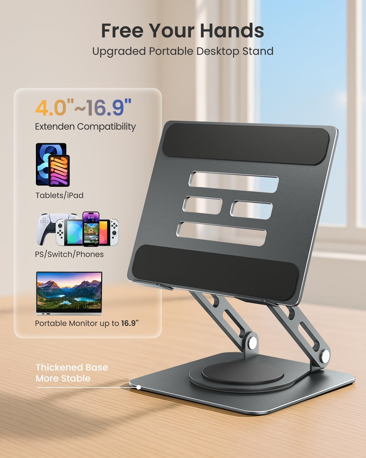 Adjustable Tablet Stand, 360 Rotating iPad Stand with Heavy-Duty Base