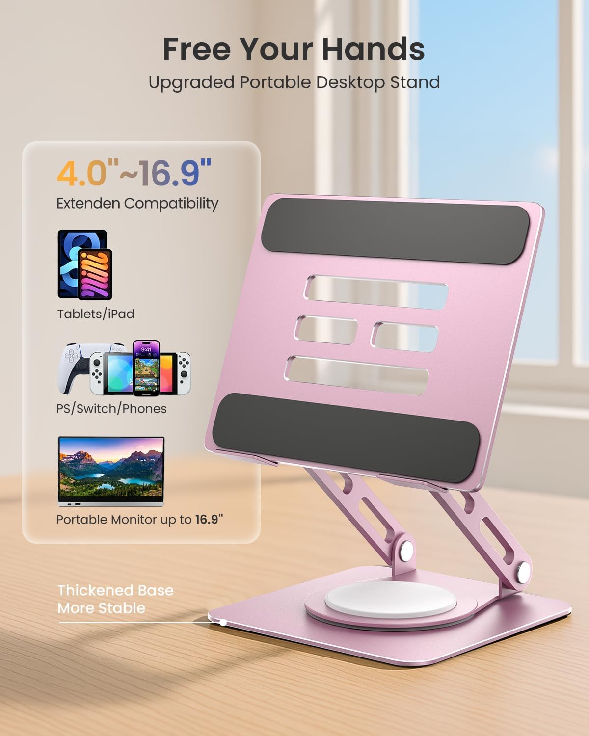 Adjustable Tablet Stand, 360 Rotating iPad Stand with Heavy-Duty Base