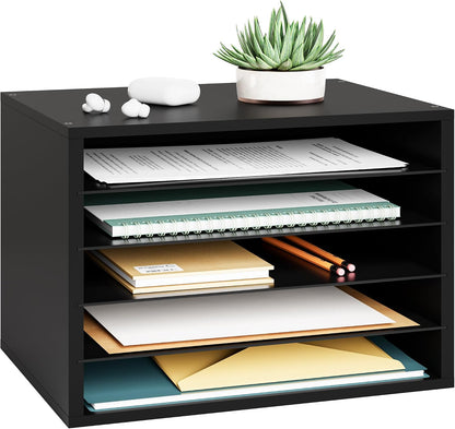 5 Tier Paper Organizer Letter Tray, Wood Desk File Organizer with Adjustable Shelves, Home Office School Letter/A4 Mail Sorter Magazine Holder - Black