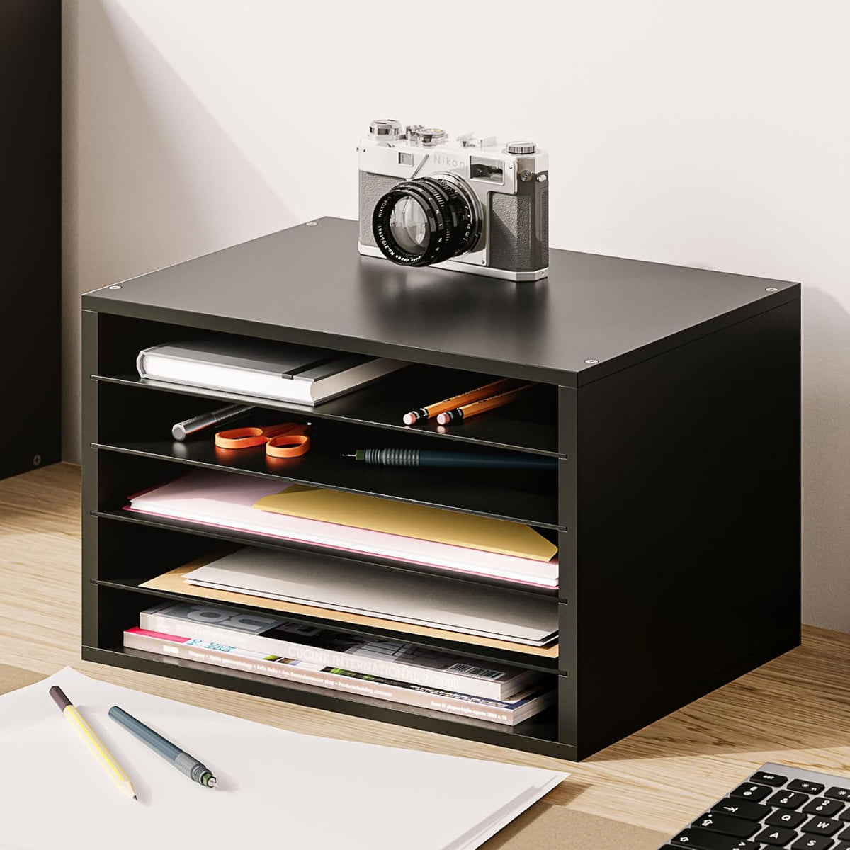 5 Tier Paper Organizer Letter Tray, Wood Desk File Organizer with Adjustable Shelves, Home Office School Letter/A4 Mail Sorter Magazine Holder - Black