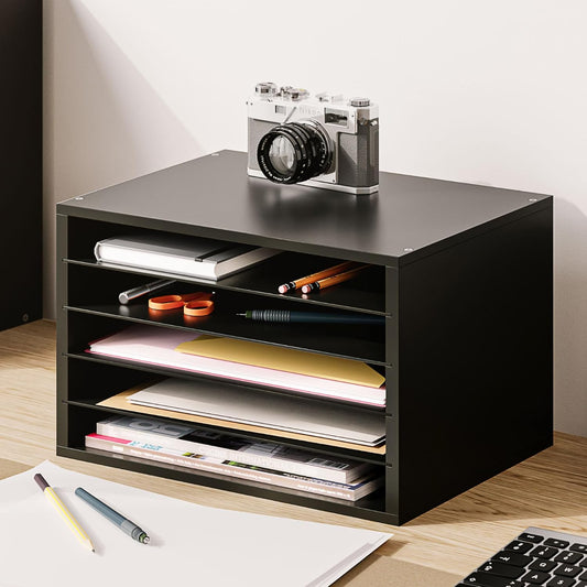 5 Tier Paper Organizer Letter Tray, Wood Desk File Organizer with Adjustable Shelves, Home Office School Letter/A4 Mail Sorter Magazine Holder - Black