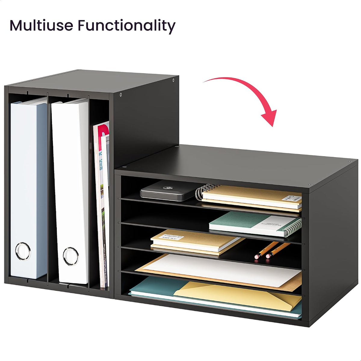 5 Tier Paper Organizer Letter Tray, Wood Desk File Organizer with Adjustable Shelves, Home Office School Letter/A4 Mail Sorter Magazine Holder - Black
