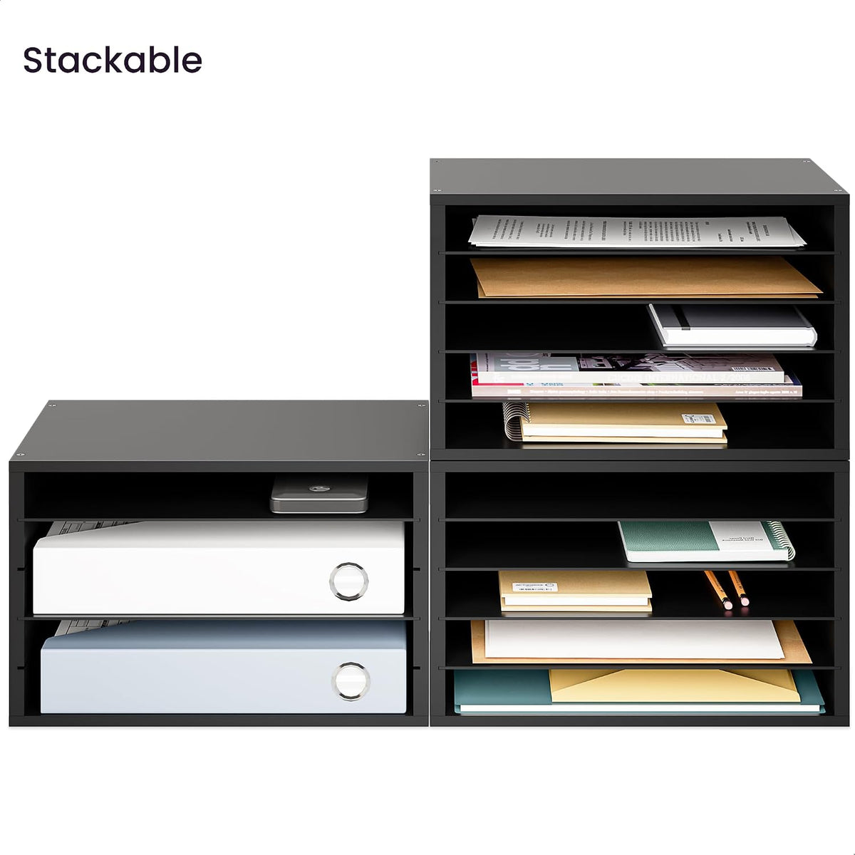 5 Tier Paper Organizer Letter Tray, Wood Desk File Organizer with Adjustable Shelves, Home Office School Letter/A4 Mail Sorter Magazine Holder - Black